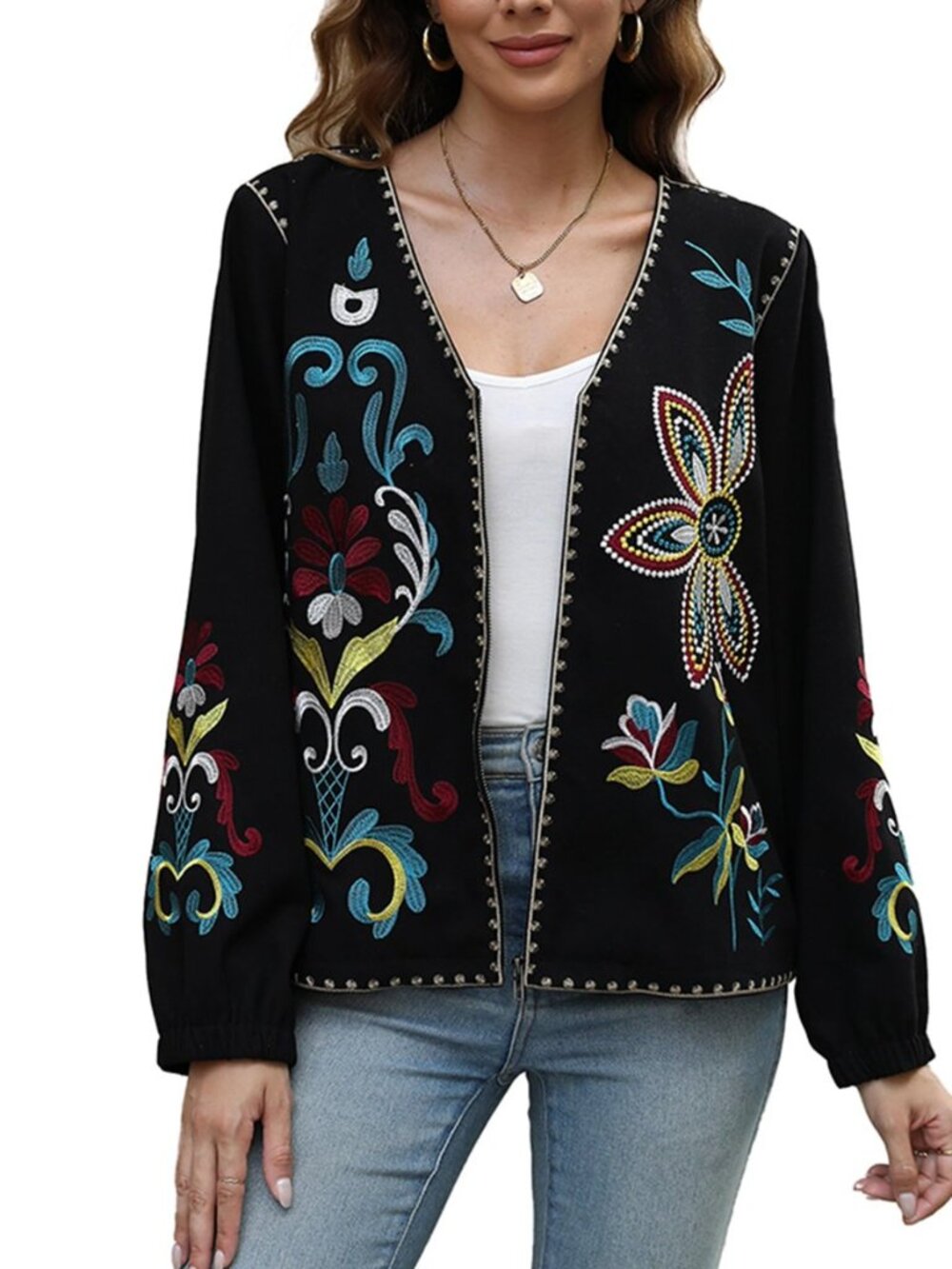 Boho Embroidered Crop Cardigan Sweater Women Long Sleeve Vintage Floral Cropped
